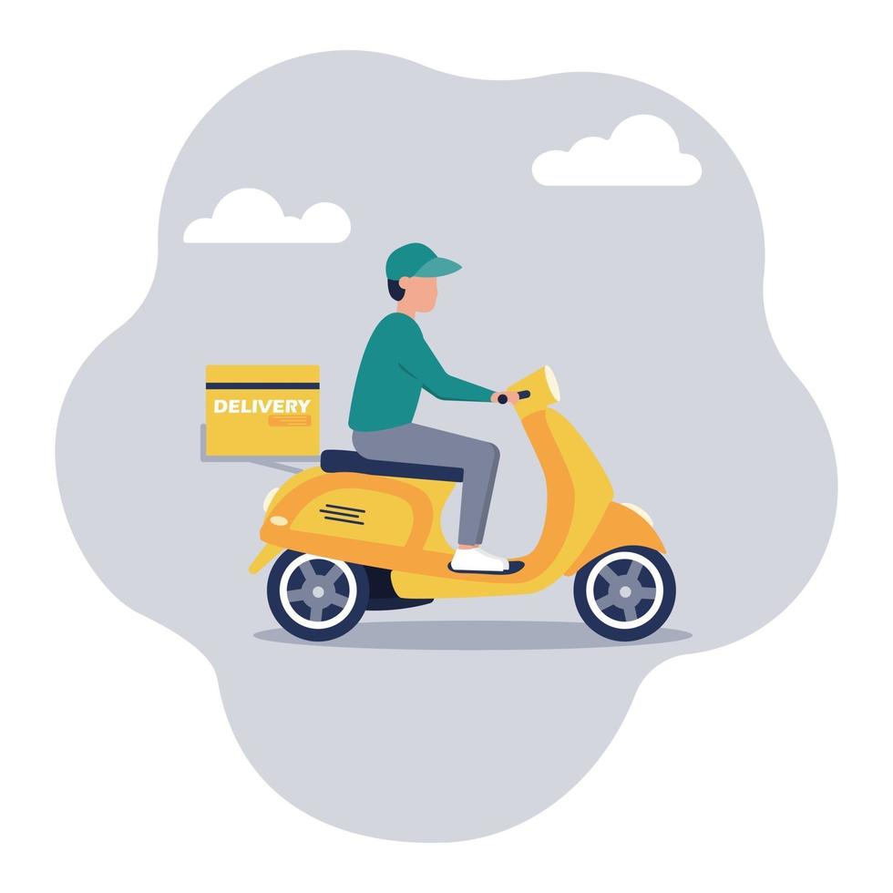 illustrazione vettoriale piatta della consegna del corriere a casa o in ufficio da un negozio online, magazzino su uno scooter, consegna veloce