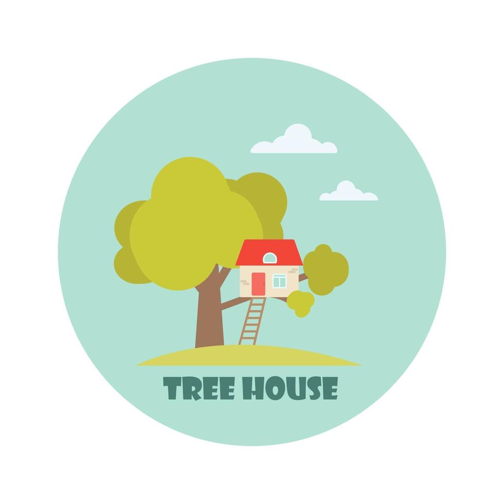 illustrazione vettoriale piatta con una casa sull'albero in un cerchio su uno sfondo bianco
