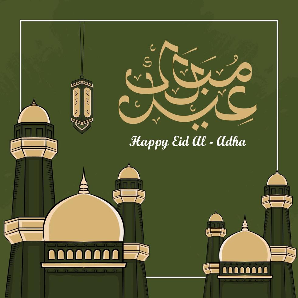 biglietti di auguri eid al-adha con moschea disegnata a mano su sfondo verde. vettore