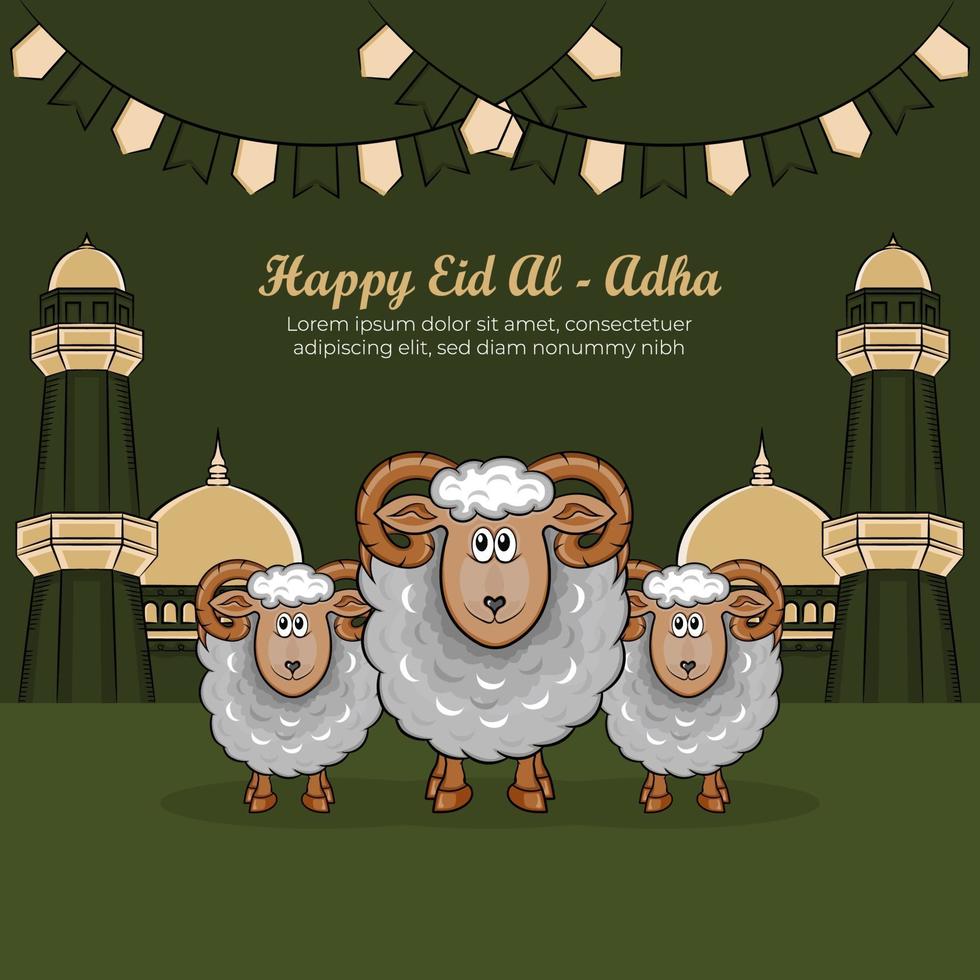 biglietti di auguri eid al-adha con pecore disegnate a mano su sfondo verde. vettore