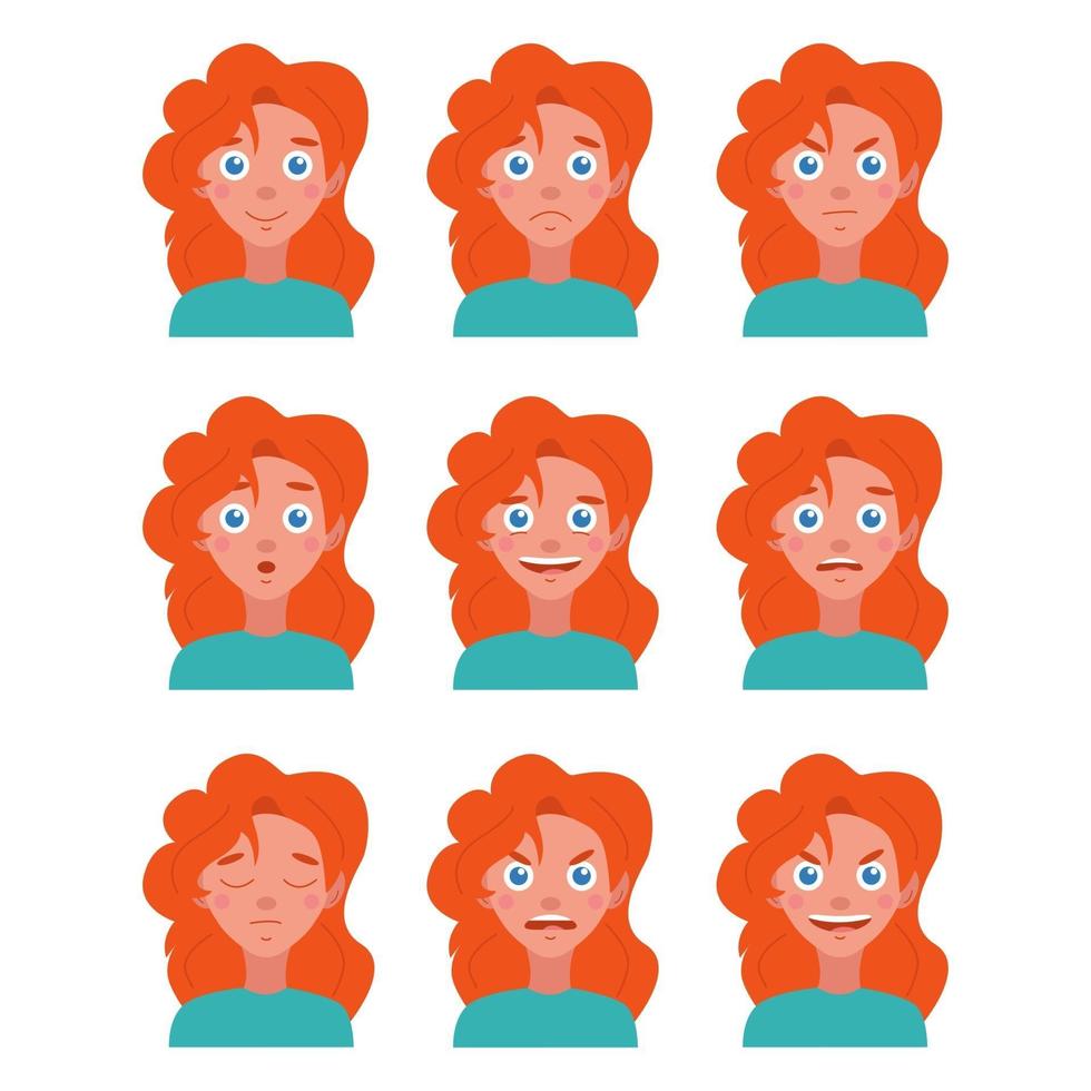 immagine piatta vettoriale con una serie di emozioni diverse. ritratto di una giovane ragazza con i capelli rossi in 9 versioni su sfondo bianco
