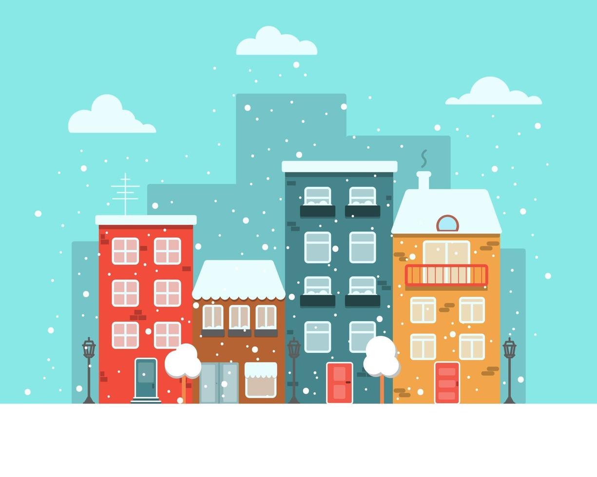 città con case colorate lungo la strada nella stagione invernale leggera, immagine piatta vettoriale, neve e fiocchi di neve vettore