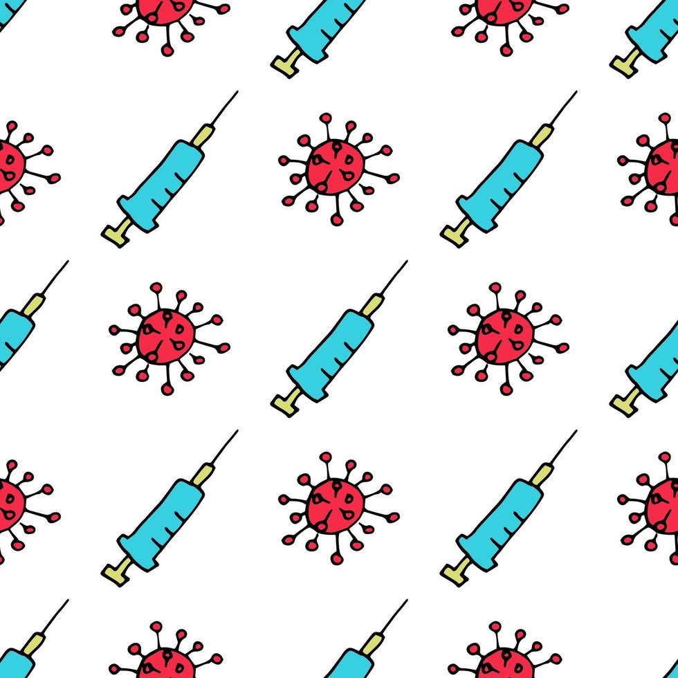 Vector seamless su un tema medico in stile doodle. coronavirus e una siringa per vaccino su uno sfondo bianco