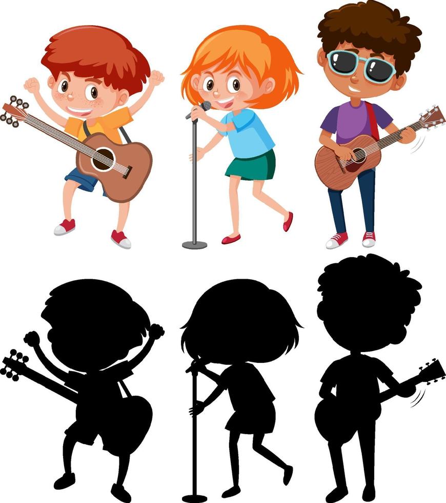 set di diversi bambini che suonano strumenti musicali con silhouette vettore