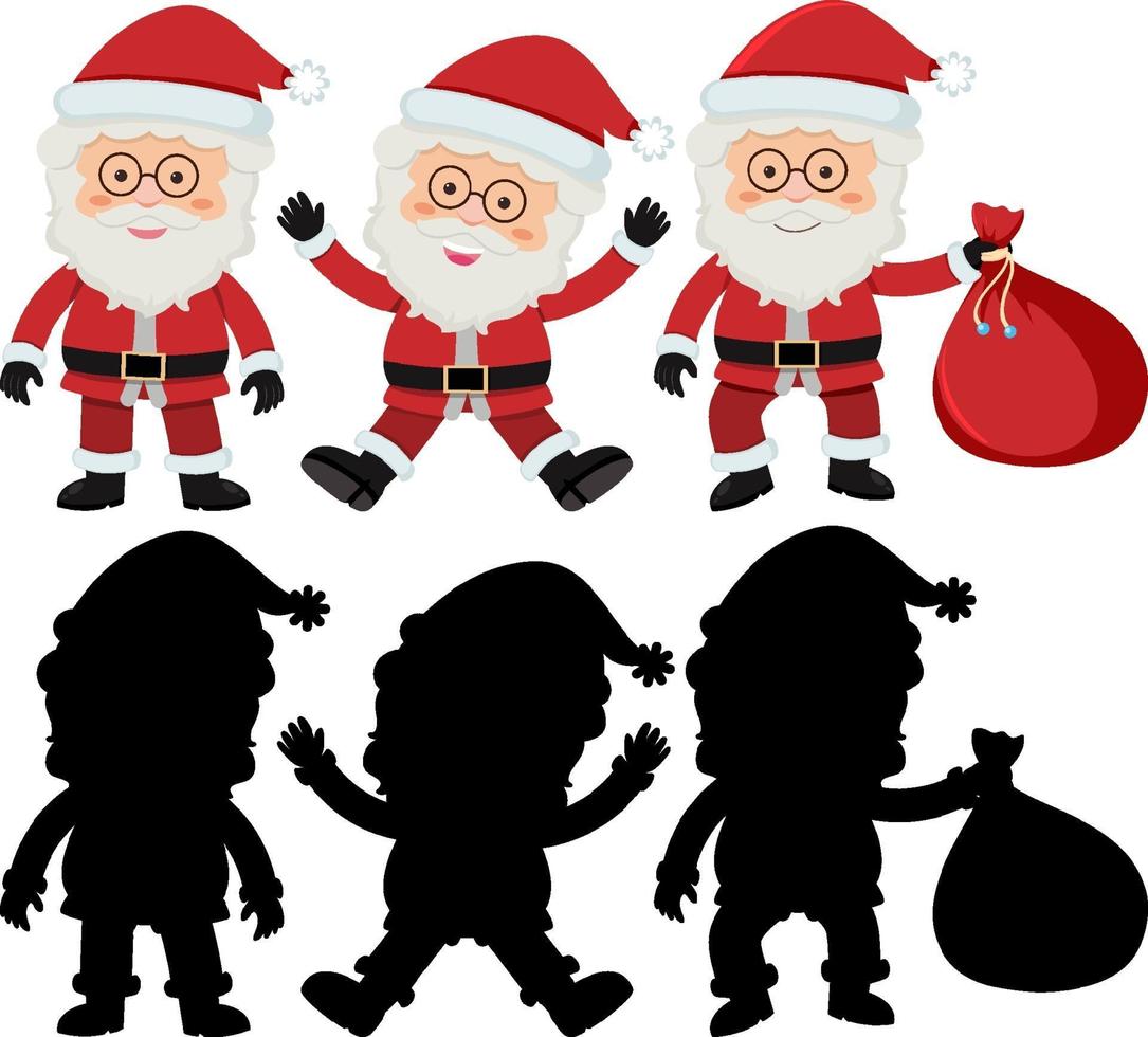 set di personaggio dei cartoni animati di Babbo Natale con silhouette vettore
