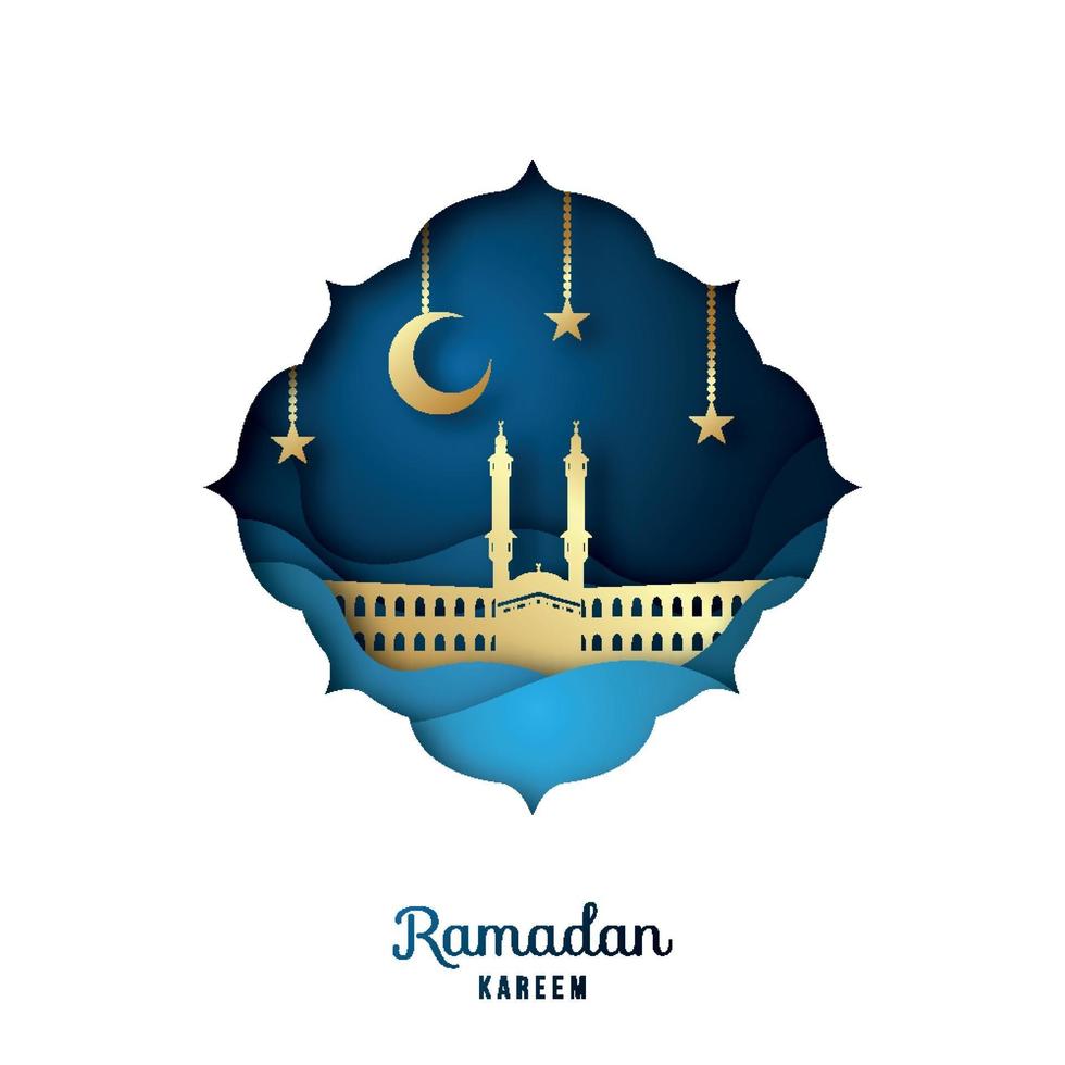 biglietto di auguri di ramadan kareem con moschea dorata, falce di luna e stelle. paesaggio di carta tagliata. vettore