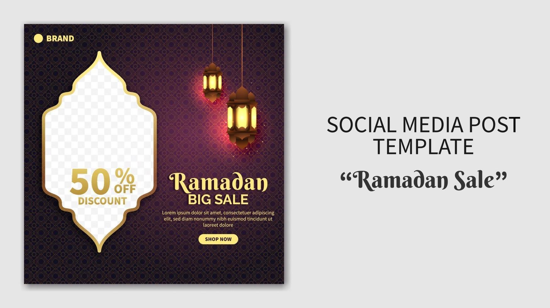 modello di post sui social media di vendita realistica del ramadan. banner di promozione web. concetto di design flyer per biglietto di auguri, voucher, modello di post di social media per evento islamico vettore