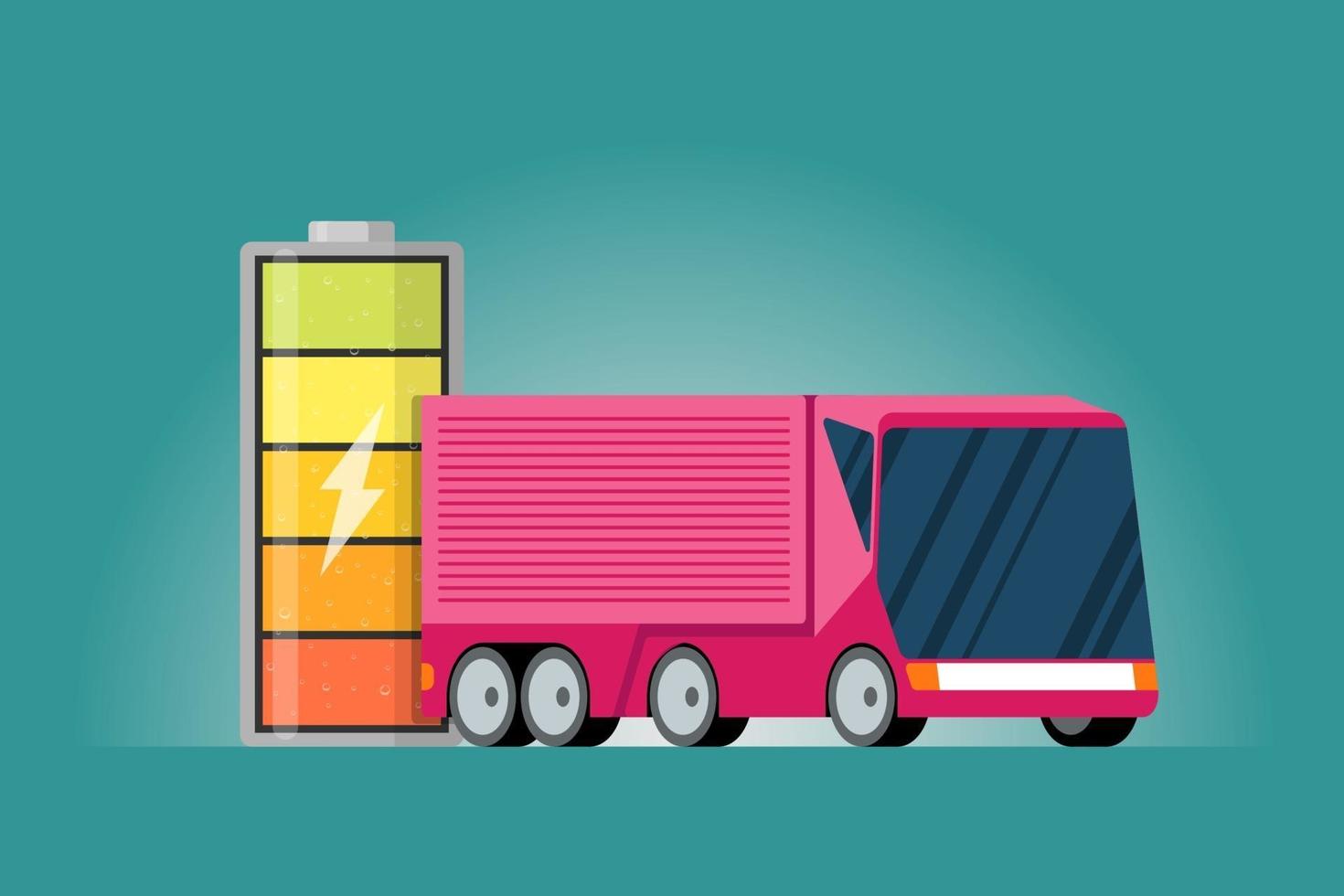 indicatore di carica della batteria ad alta potenza elettrica con icona a forma di fulmine e camion elettrico rosa. moderna tecnologia del veicolo elettrico e concetto di tecnologia di trasporto ecologico. vettore