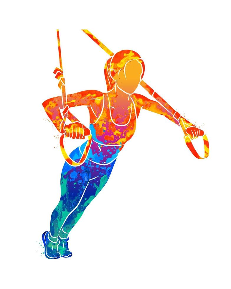 astratta giovane donna sportiva facendo flessioni utilizzando cinghie di fitness trx da schizzi di acquerelli. illustrazione vettoriale di vernici