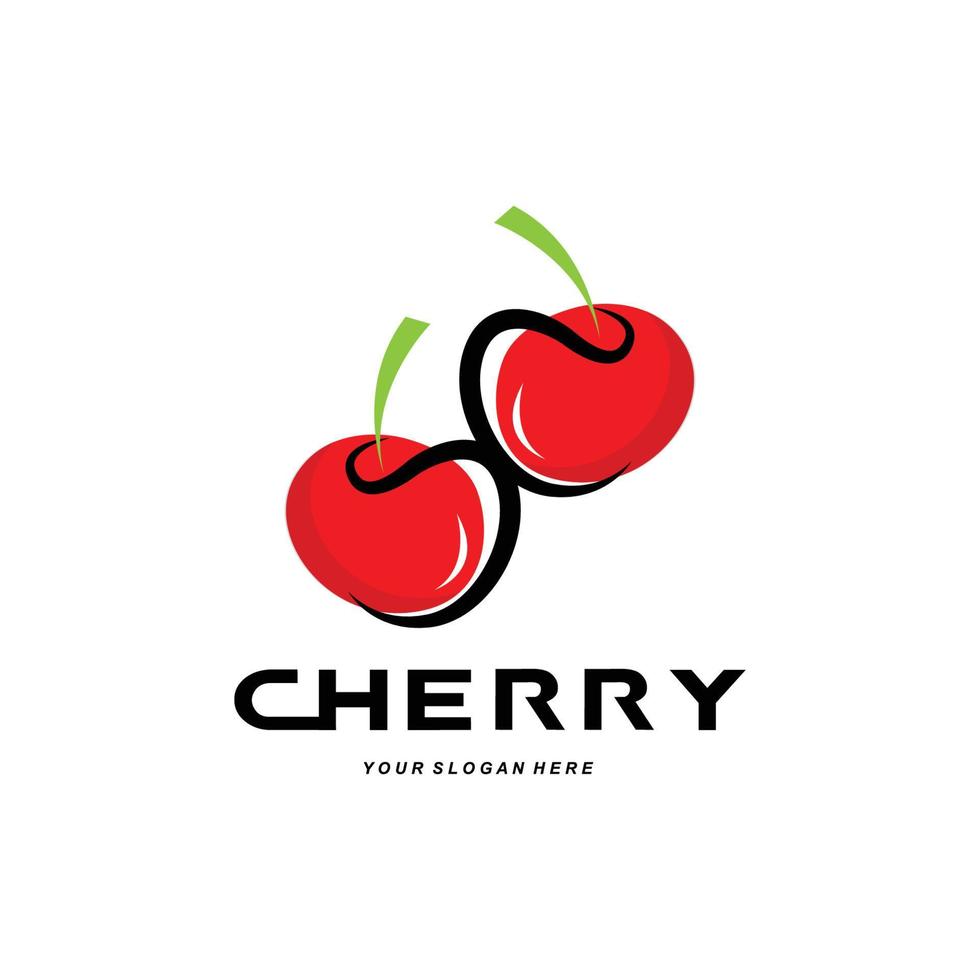 logo della frutta di ciliegio, illustrazione vettoriale della pianta di colore rosso, design del negozio di frutta, azienda, adesivo, marchio del prodotto