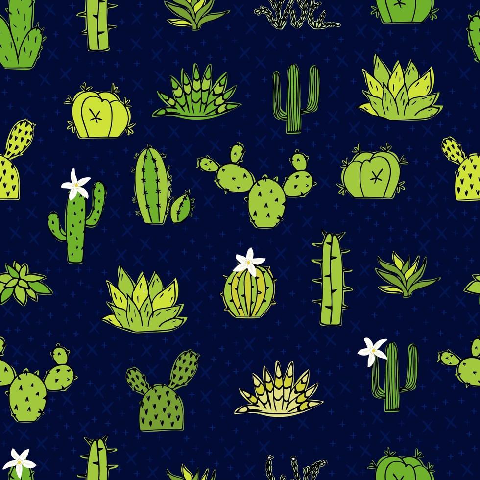 illustrazione senza giunte di scarabocchi di cactus e piante grasse. possono essere utilizzati elementi di design e tessuto. brillante modello giovanile con piante verdi e fiori bianchi. vettore