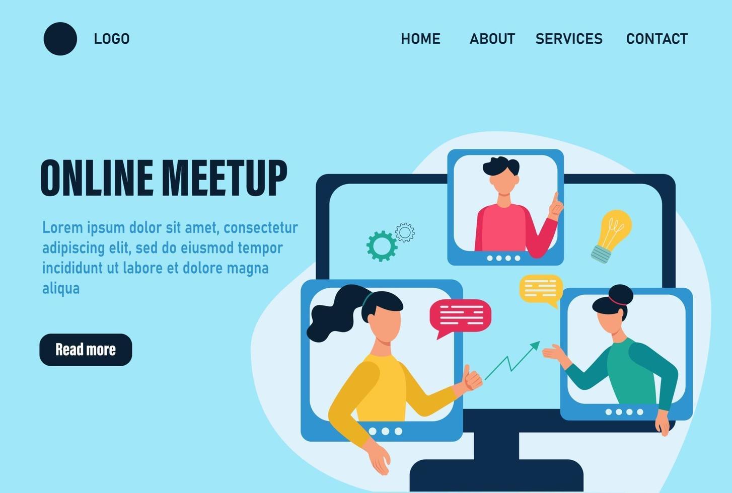 modello di vettore della pagina di destinazione del meetup online. concetto di una riunione in linea, comunicazione. le persone discutono online di idee e temi di lavoro. lavoro di squadra online. illustrazione vettoriale di cartone animato piatto