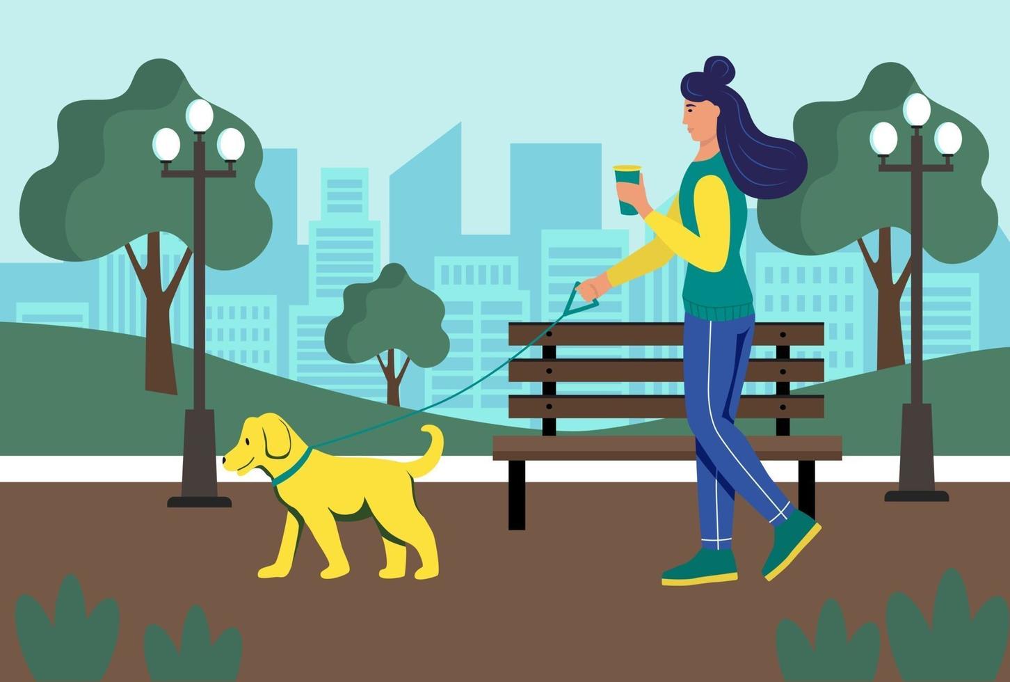una giovane donna con un bicchiere di caffè in mano cammina con il suo cane nel parco. stile di vita, paesaggio urbano, parco estivo. illustrazione vettoriale di cartone animato piatto.