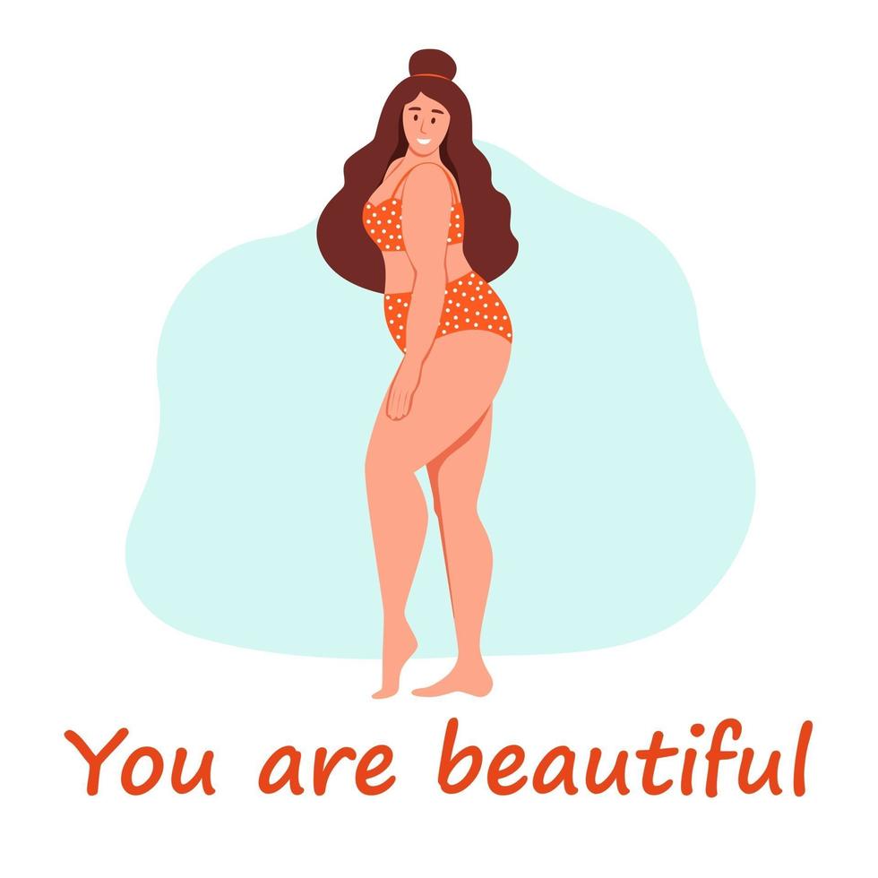 donna formosa. plus size ragazza. il concetto di positività del corpo, amor proprio. amo il tuo corpo. illustrazione vettoriale di cartone animato piatto.