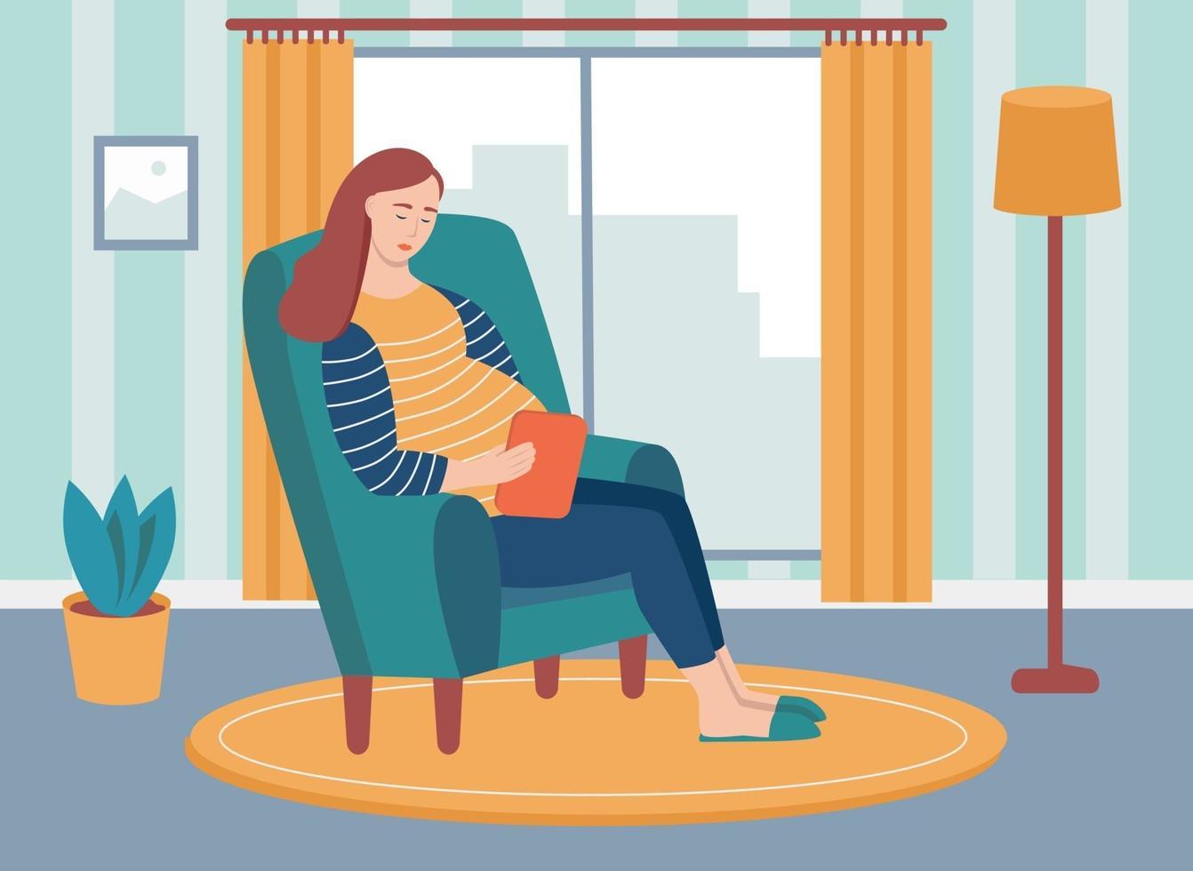 una giovane donna incinta si siede su una sedia e tiene una tavoletta tra le mani. il concetto di attività quotidiane e vita quotidiana. illustrazione vettoriale di cartone animato piatto.