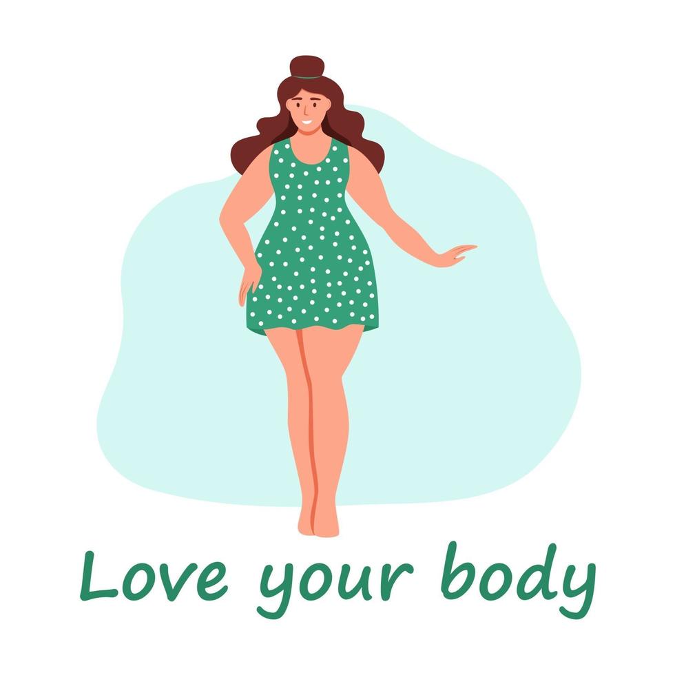 donna formosa. plus size ragazza. il concetto di positività del corpo, amor proprio. amo il tuo corpo. illustrazione vettoriale di cartone animato piatto.