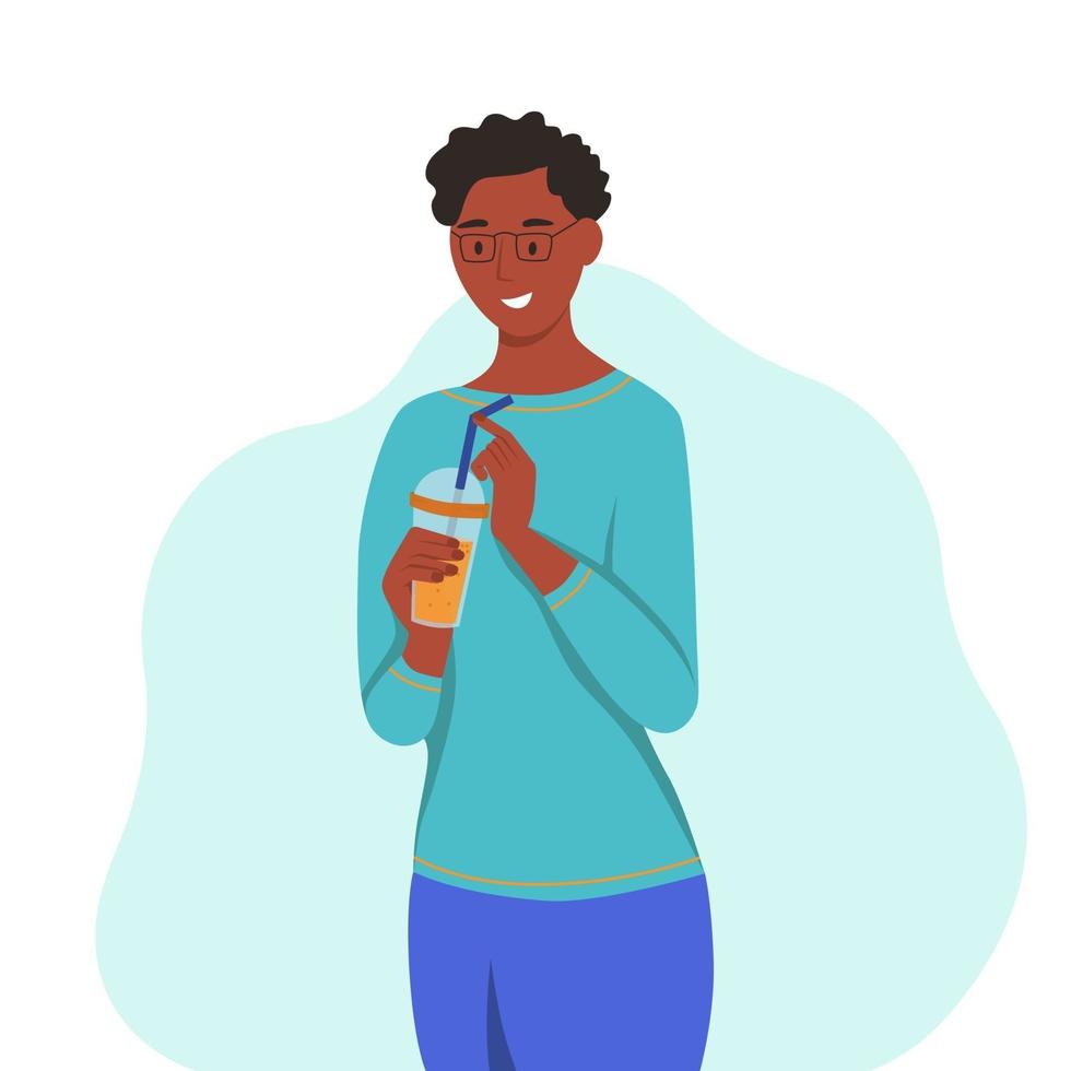 una giovane donna beve un frullato, un succo fresco, un cocktail. il concetto di una corretta alimentazione, uno stile di vita sano. illustrazione di cartone animato piatto. vettore