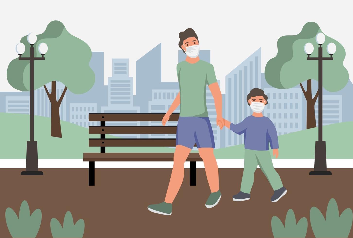 uomo con bambino in maschere protettive antipolvere per il viso wolk nel parco. protezione dall'inquinamento atmosferico urbano, smog, vapori. quarantena del coronavirus, concetto di virus respiratorio. illustrazione vettoriale di cartone animato piatto.