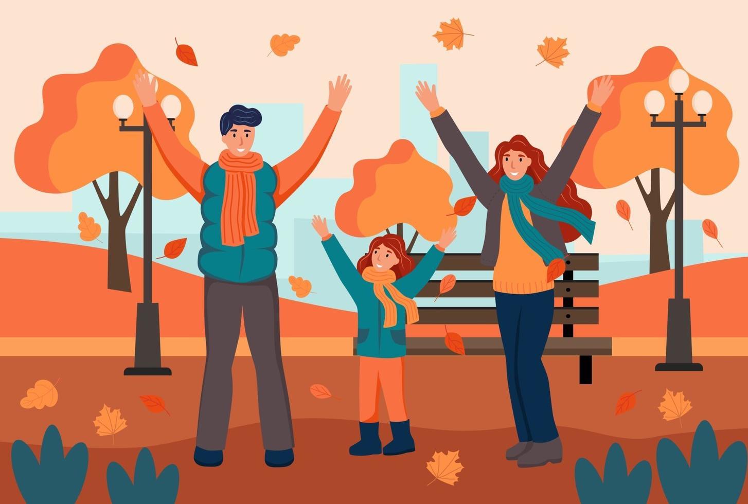 passeggiate con la famiglia nel parco in autunno. papà, mamma e figlia si divertono e lanciano foglie. illustrazione vettoriale di cartone animato piatto.