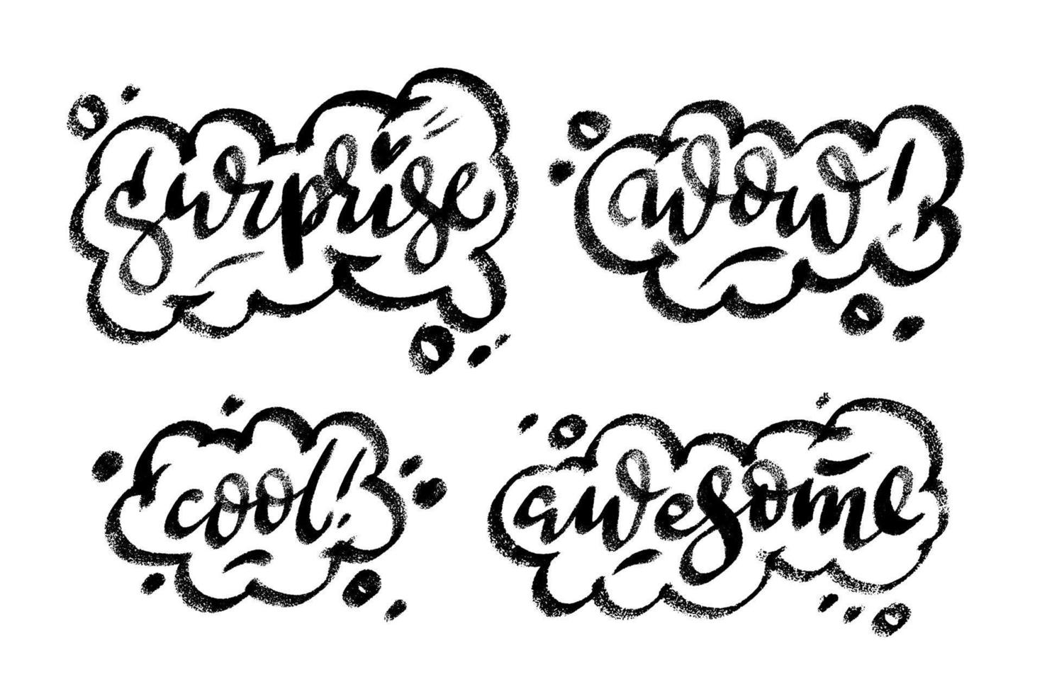 oh, sorpresa, freddo, eccezionale parole discorso bolla icona simboli. mano disegnato monocromatico vettore lettering disegni per adesivi, striscioni, carte.