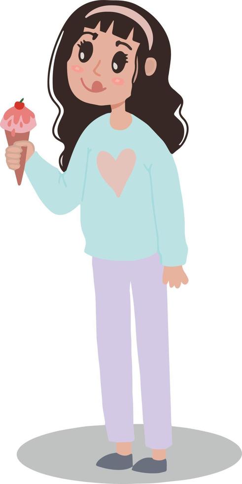 bellissimo adolescente ragazza con nero lungo capelli godere mangiare sua fragola ghiaccio crema cono con ciliegia toping e delizioso espressione illustrazione vettore