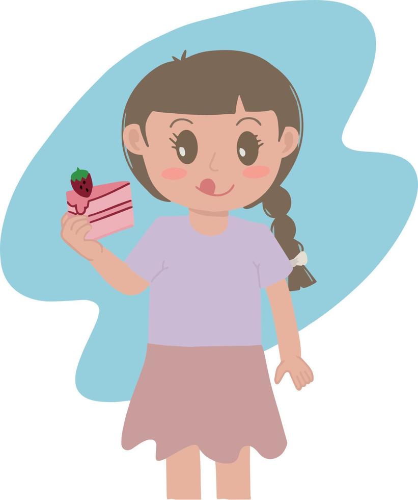 bella carino poco ragazzo ragazza treccia lungo capelli mangiare fetta di fragola torta delizioso espressione illustrazione vettore