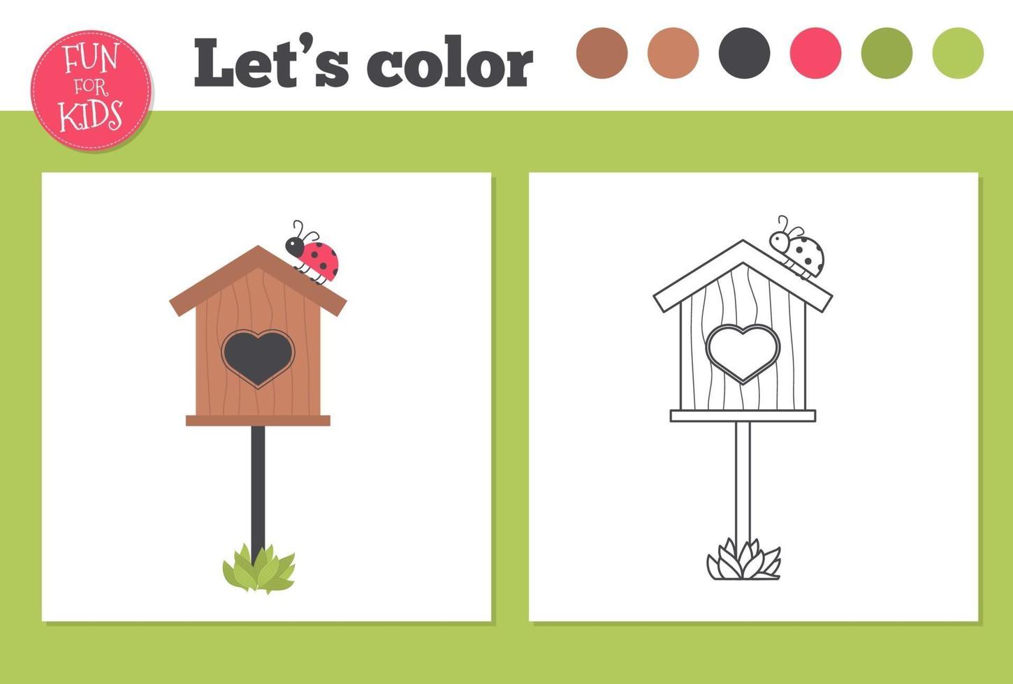 libro da colorare birdhouse per bambini in età prescolare con livello di gioco educativo facile. vettore