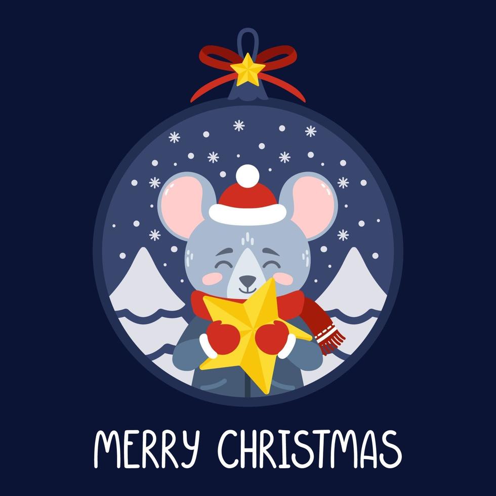 palla di Natale con l'immagine del ratto che tiene una stella gialla vettore