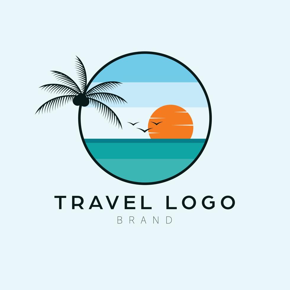 viaggio logo design. tropicale paesaggio mare e tramonto design del logo. bellissimo viaggio logo. vettore