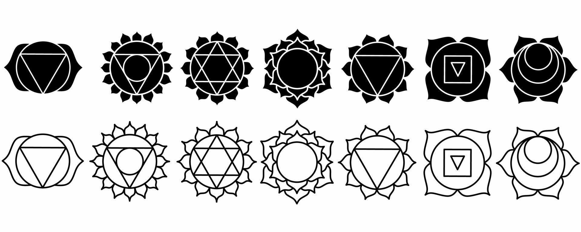 schema silhouette Sette chakra simboli impostato isolato su bianca background.muladhara,svadhishthana,manipura,anahata,vishuddha,ajna,sahasrara vettore