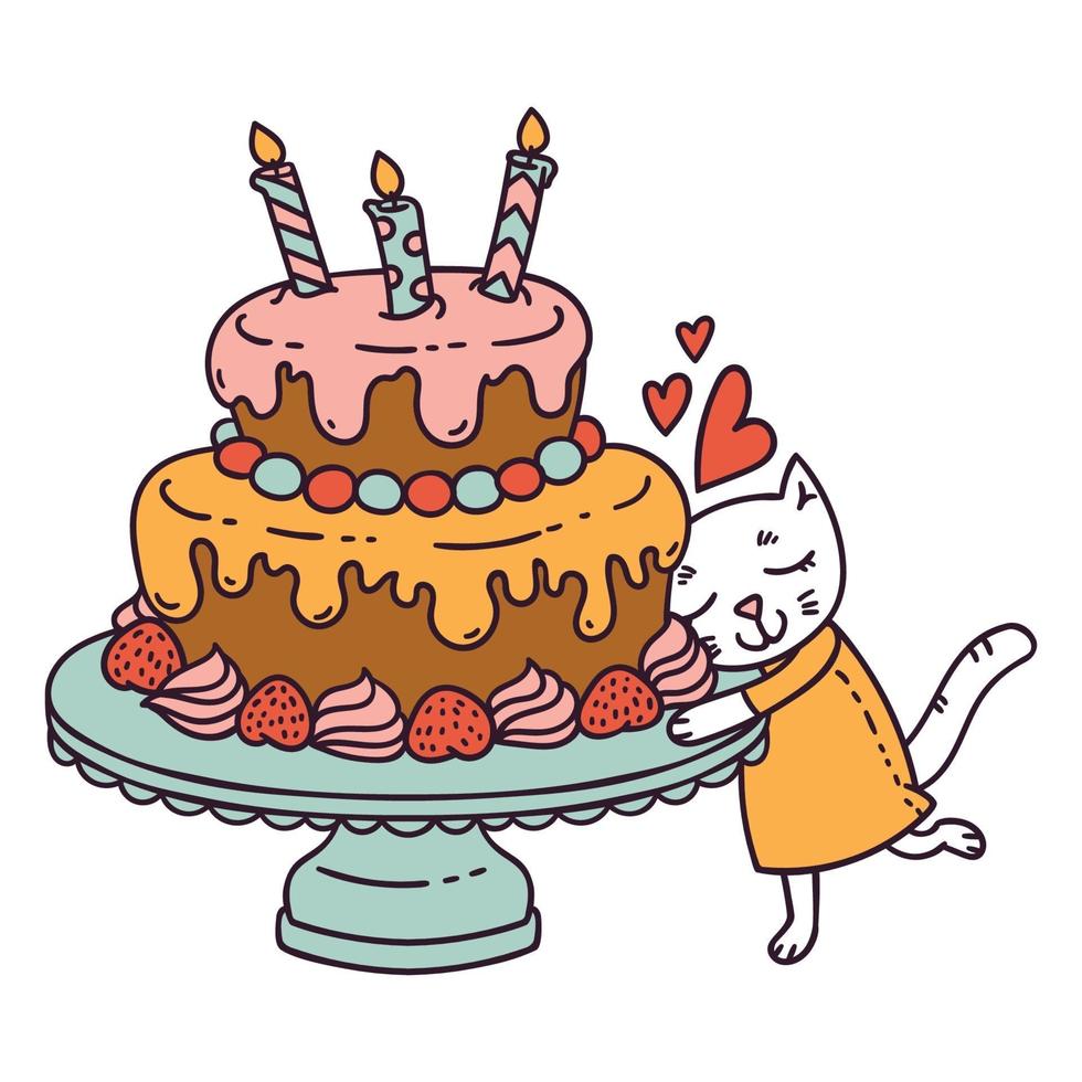 gatto con torta di compleanno. vettore