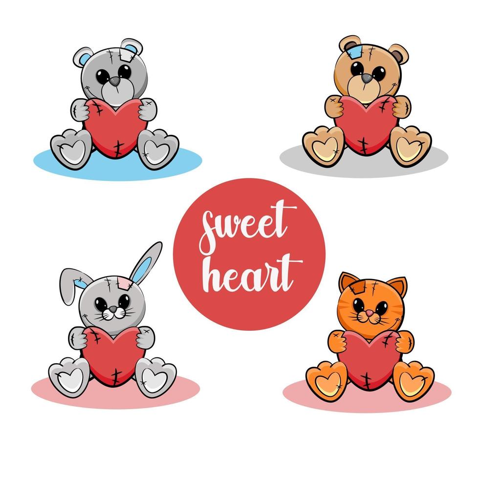 dolci animaletti. orsacchiotto, coniglietto, gattino con i cuori. illustrazione vettoriale. vettore