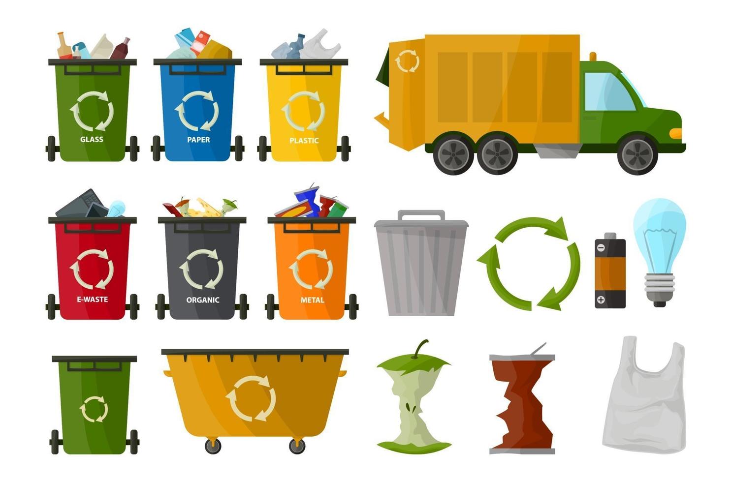 camion della spazzatura e vari tipi di bidone della spazzatura isolati su sfondo bianco in stile cartone animato. raccolta bidone della spazzatura. contenitore. segno di elaborazione dei rifiuti vettore
