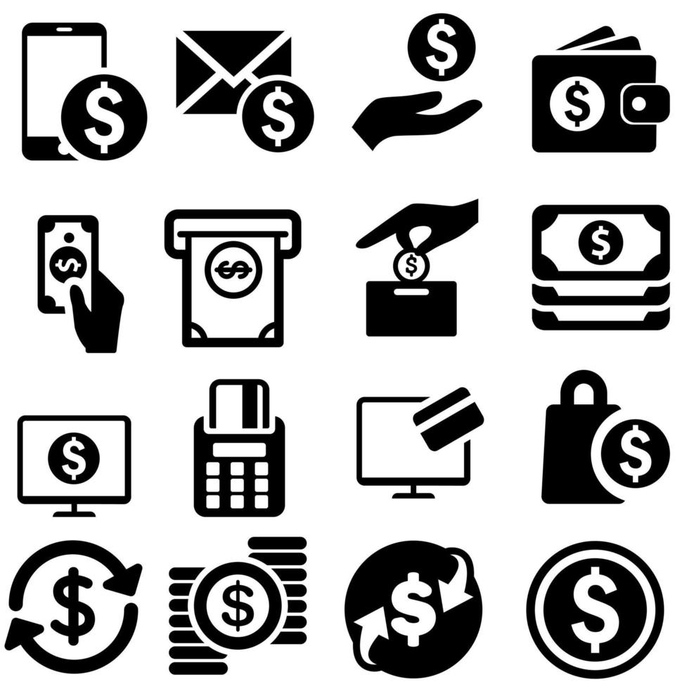pagamento icone vettore impostare. i soldi illustrazione cartello collezione. bancario simbolo. denaro contante logo.