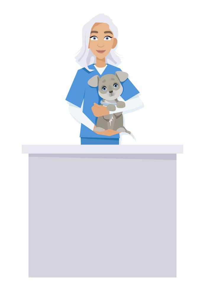 donna veterinario sta dietro a il contatore e detiene il cane nel sua mani vettore
