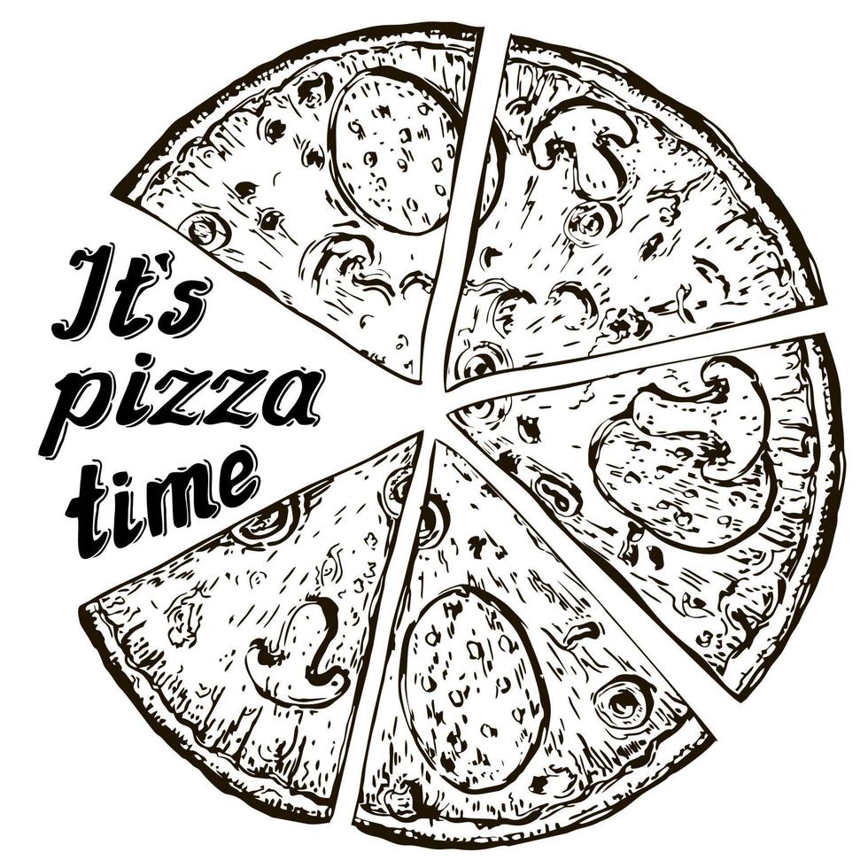 è Pizza tempo con Pizza e bianca sfondo Vintage ▾ illustrazione. italiano elettrico Pizza illustrazione. mano disegnato schizzo vettore