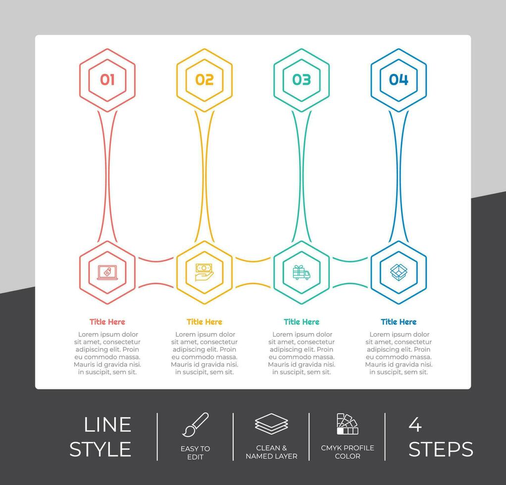 linea passo Infografica vettore design con 4 passaggi colorato stile per presentazione scopo.esagono passo Infografica può essere Usato per attività commerciale e marketing