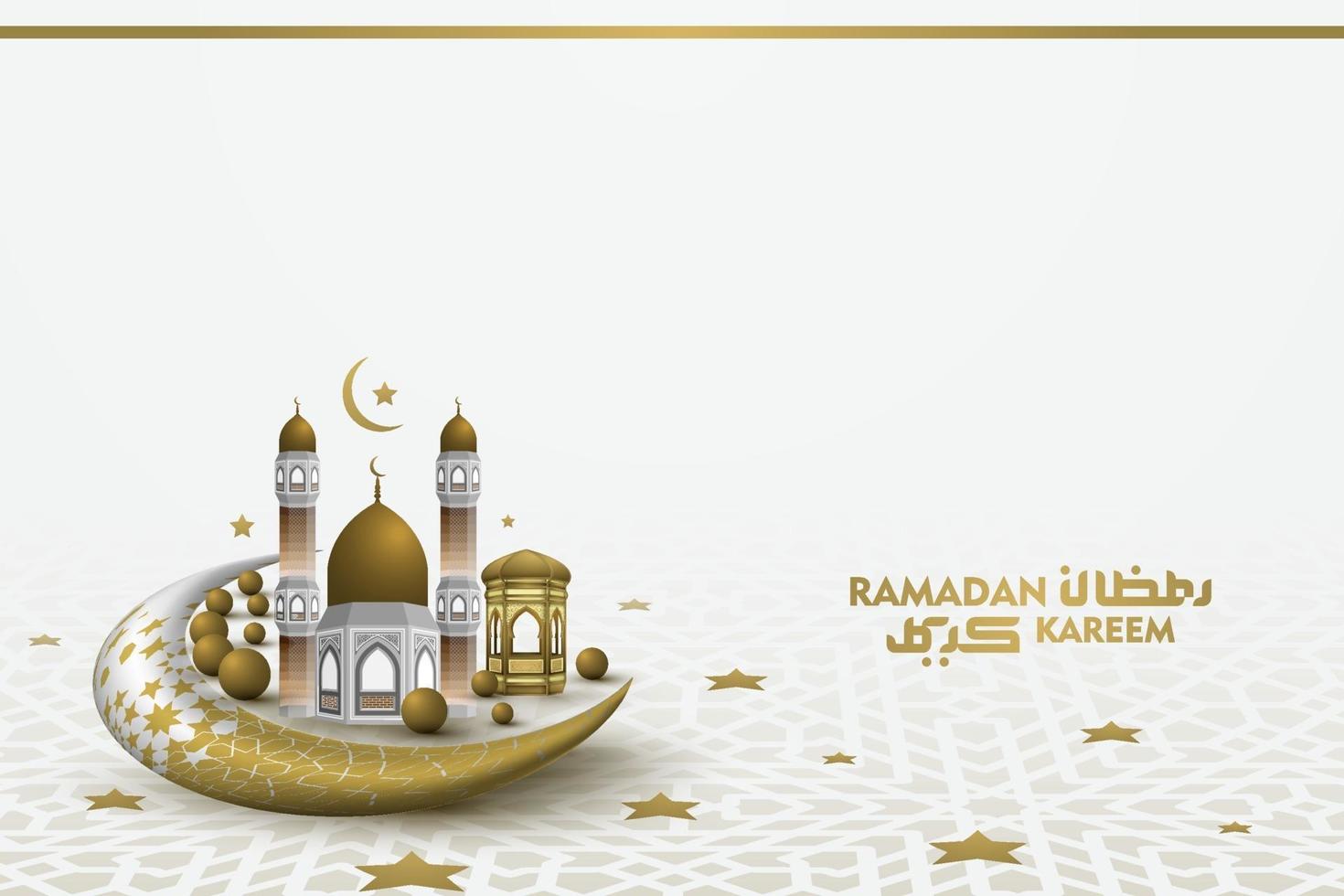 Ramadan Kareem saluto islamico illustrazione sfondo disegno vettoriale con bella calligrafia araba e moschea per banner, carta da parati, carta e brosur