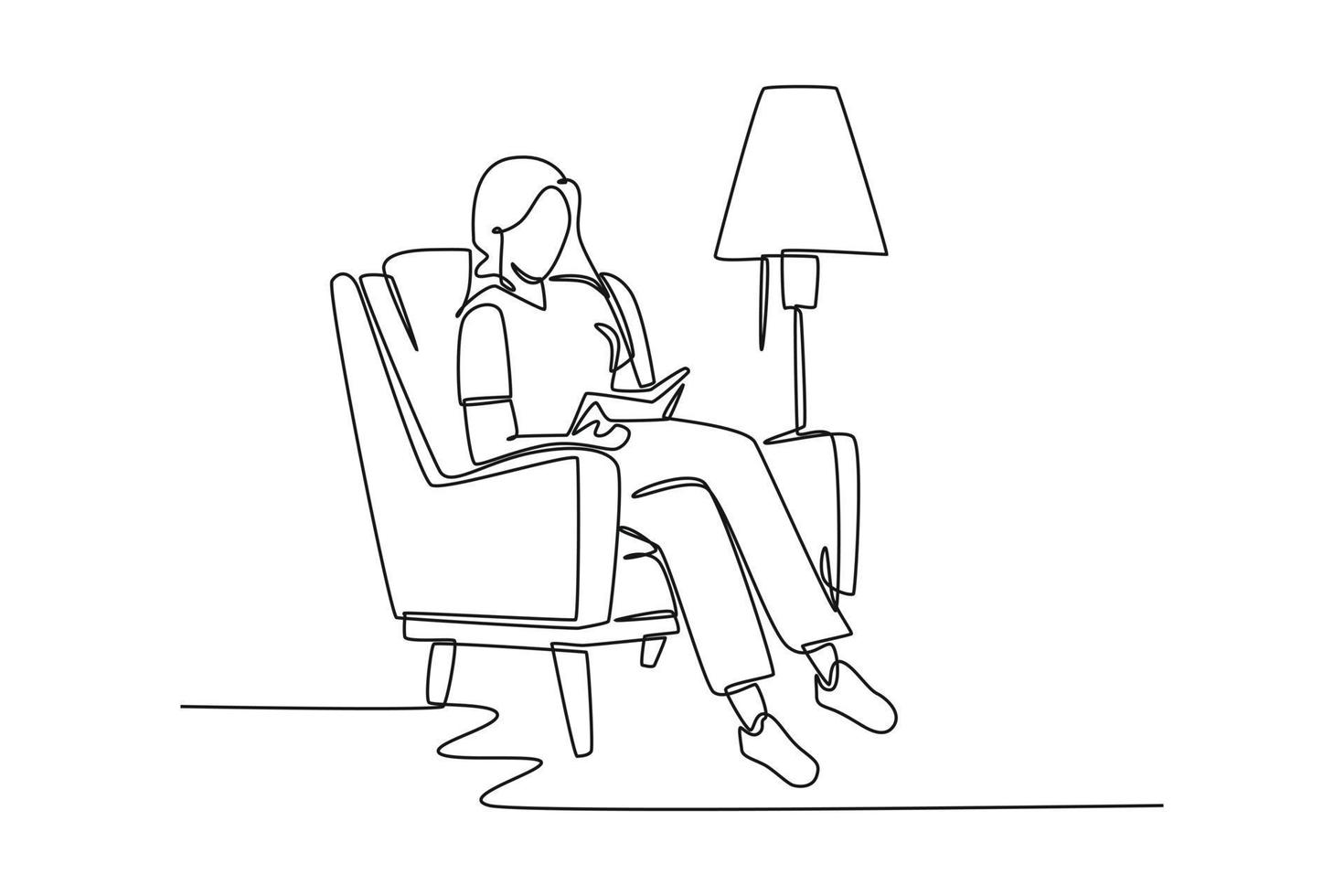 continuo una linea disegno donna lettura un' libro su il divano con un' in piedi lampada. vivente camera concetto singolo linea disegnare design grafico vettore illustrazione