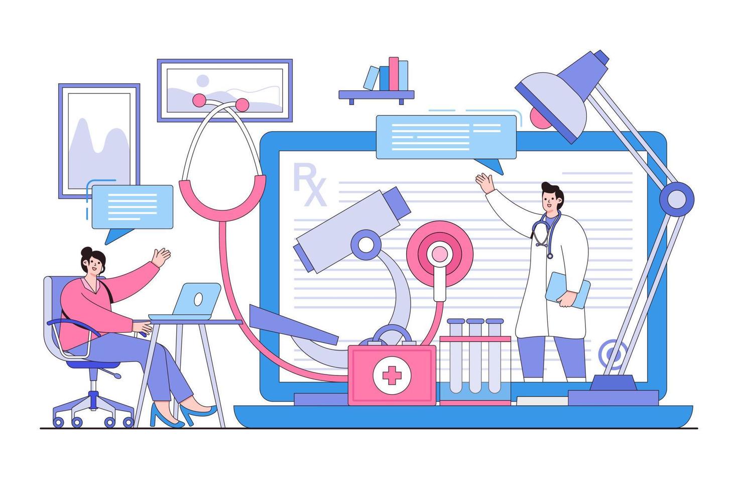 in linea medico cura concetto. donna paziente a casa seduta su un' sedia consulta con un' medico attraverso un' il computer portatile. schema design stile minimo vettore illustrazione per atterraggio pagina, eroe immagini