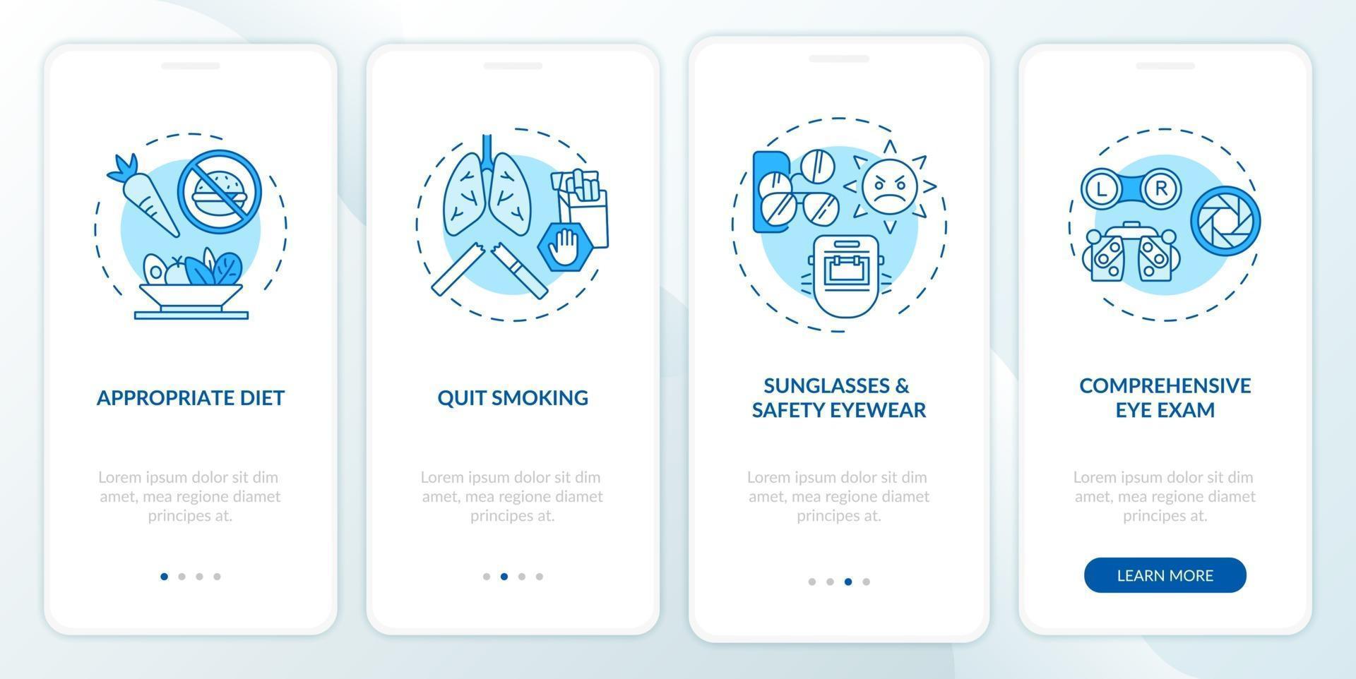 suggerimenti per la salute degli occhi onboarding schermata della pagina dell'app mobile con concetti vettore