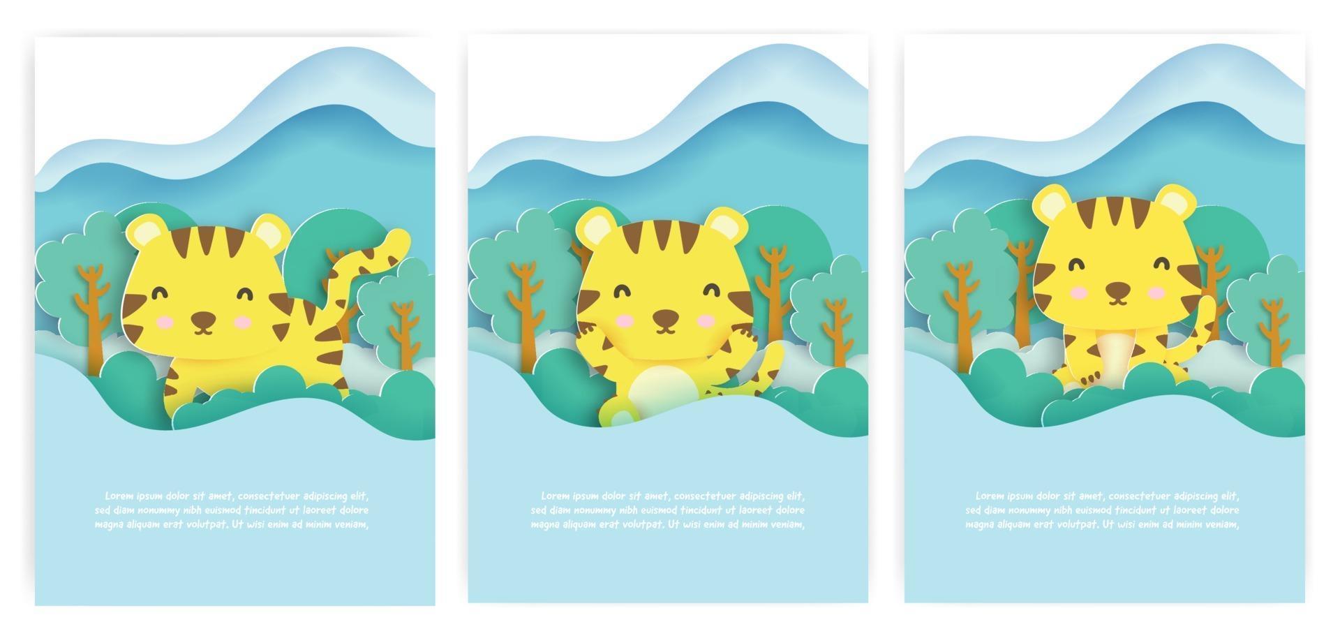 carte per baby shower con tigre carina in stile taglio carta foresta autunnale. vettore