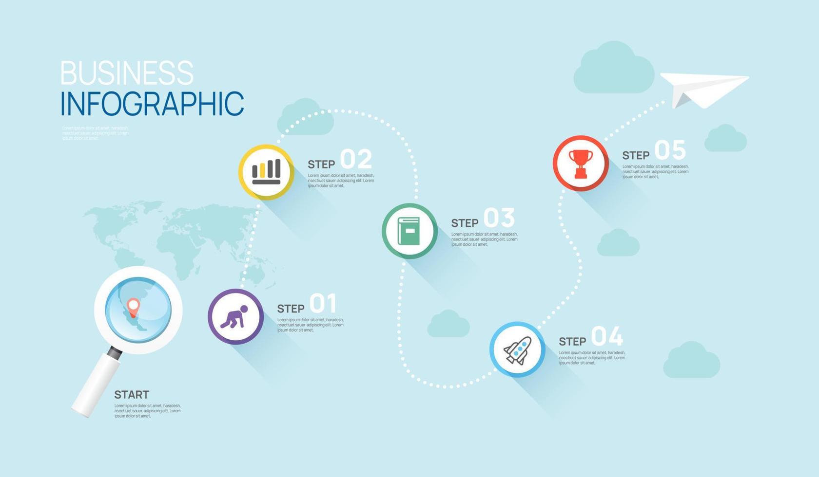 Infografica design modello per attività commerciale. sequenza temporale concetto con 5 passaggi vettore infografica.