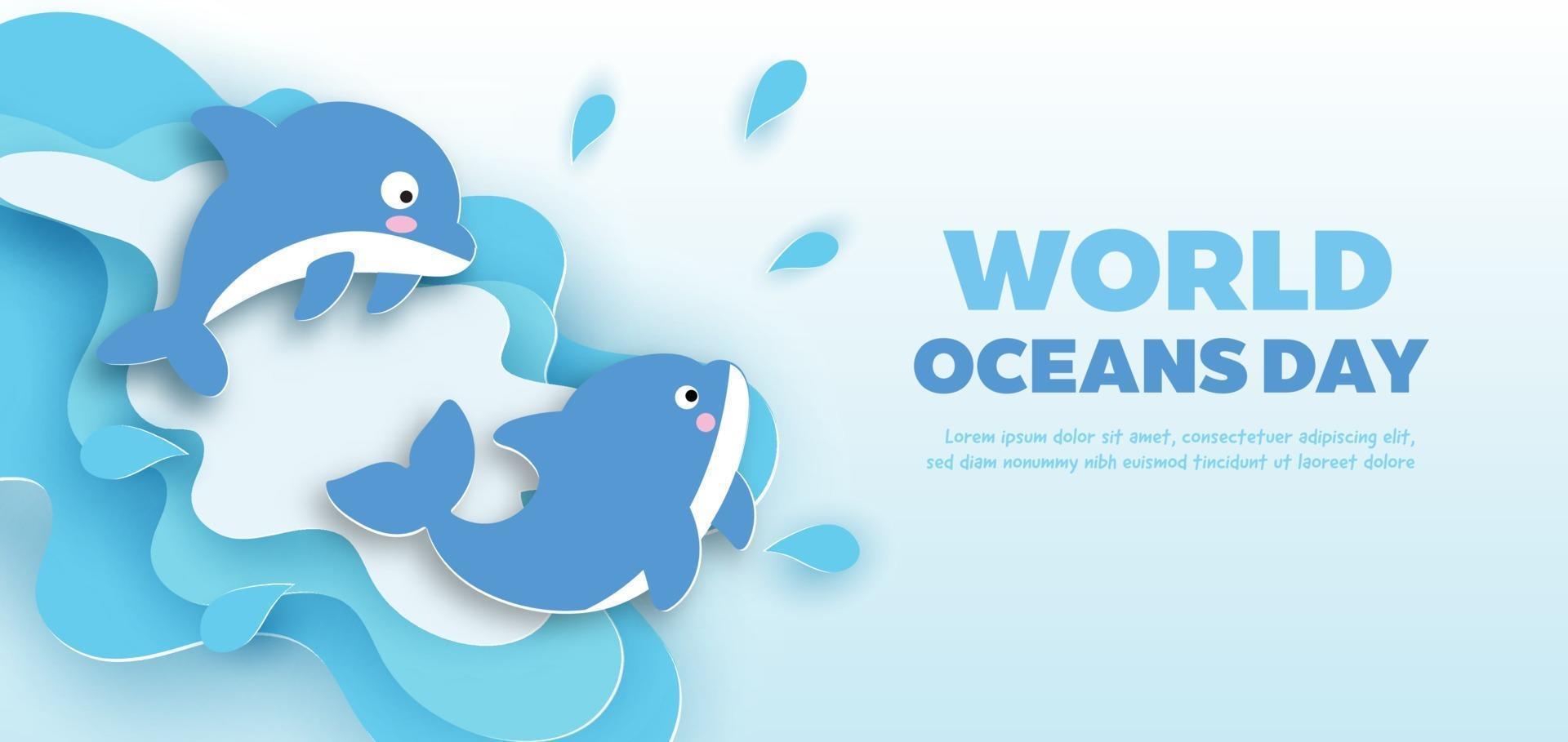 banner della giornata mondiale degli oceani con simpatico delfino in stile taglio carta. vettore