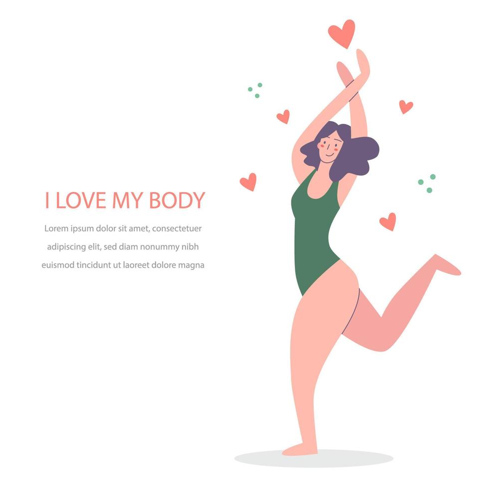 corpo positivo. contento armonioso danza ragazza. amore il tuo corpo. vettore illustrazione concetto.