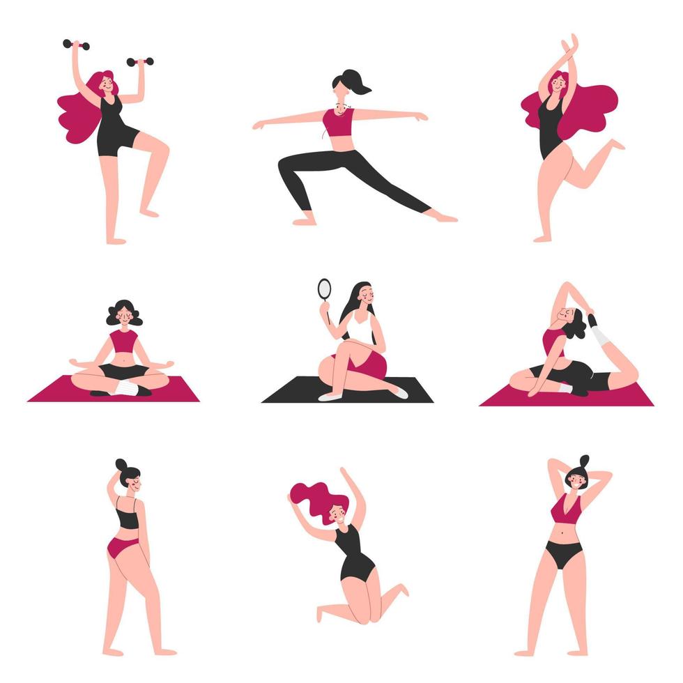 corpo positivo. contento ragazze. amore il tuo corpo. varietà di pose e gesti. dinamico vita. sport, danza e yoga. vettore illustrazione concetto