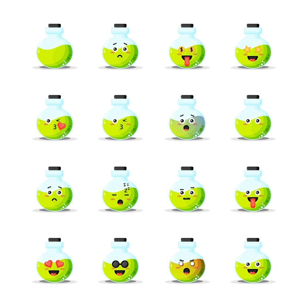 bottiglia di pozione carina con set di emoticon vettore