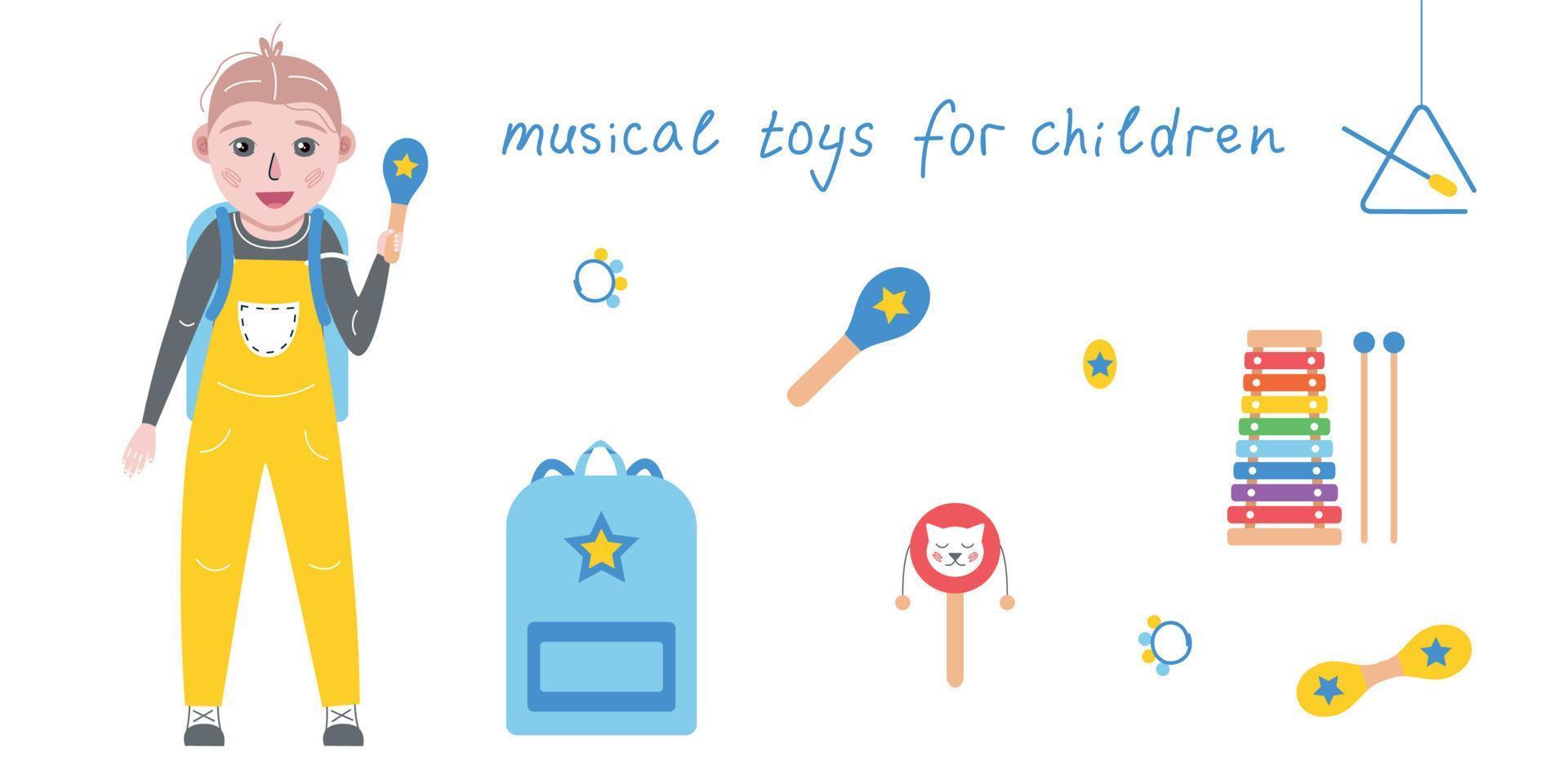 mano disegnato giocattolo musicale strumenti per bambini. piatto vettore bambino piccolo nel complessivamente illustrazione