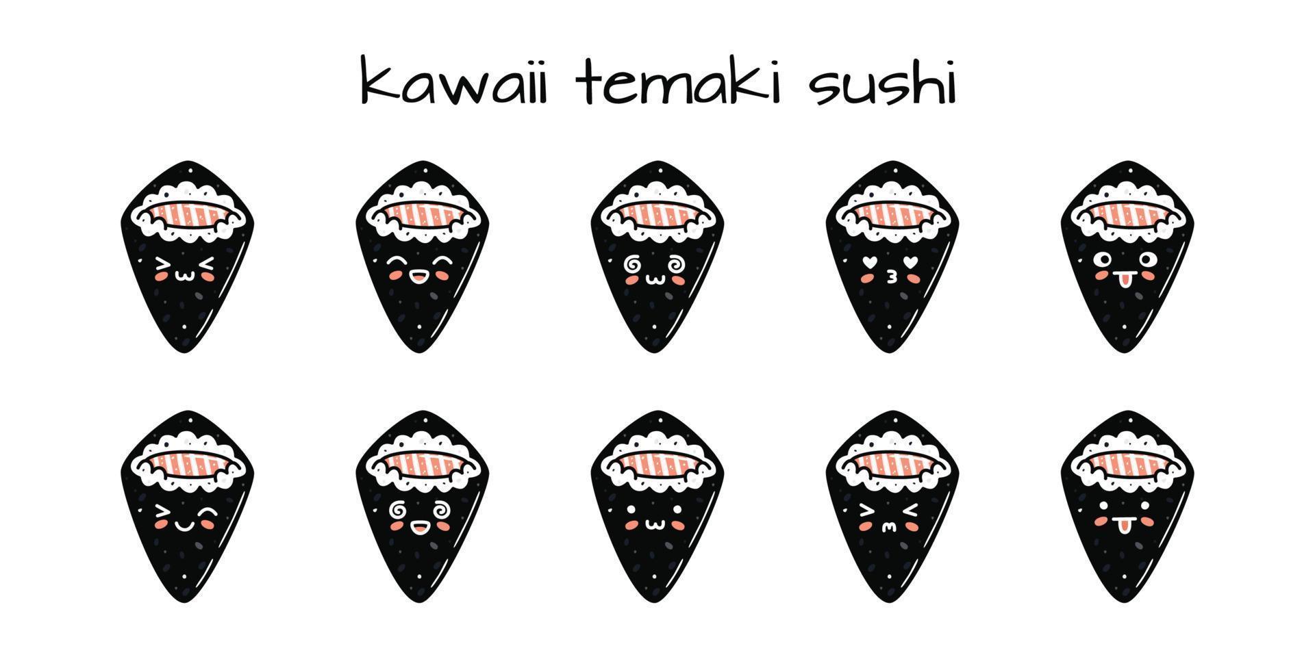 impostato di kawaii temaki Sushi mascotte nel cartone animato stile vettore