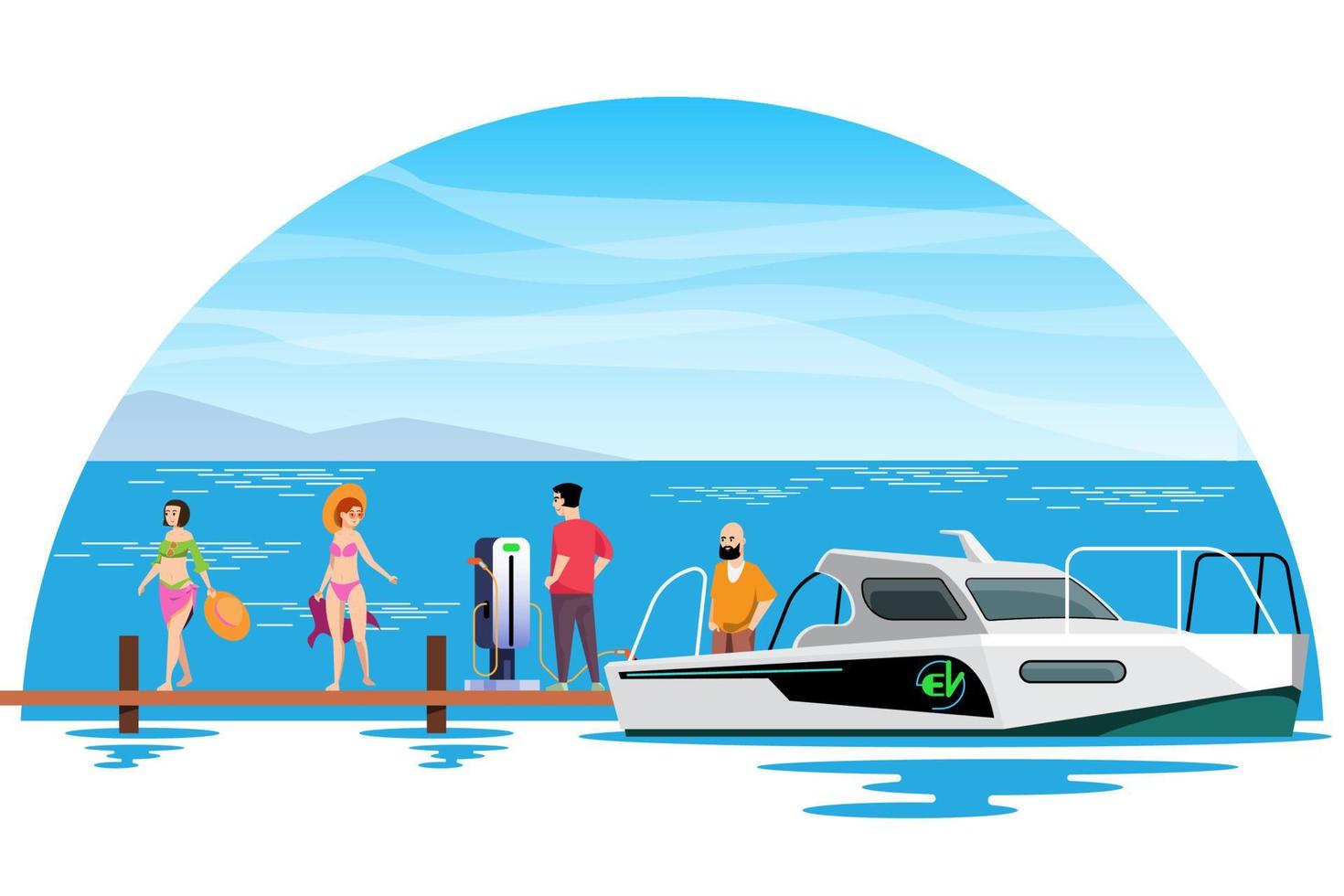 un elettrico barca è ricarica a il molo. assunzione turisti su un' barca crociera su il mare. elettrico punti vendita per caricare navi nel porto. vettore illustrazione